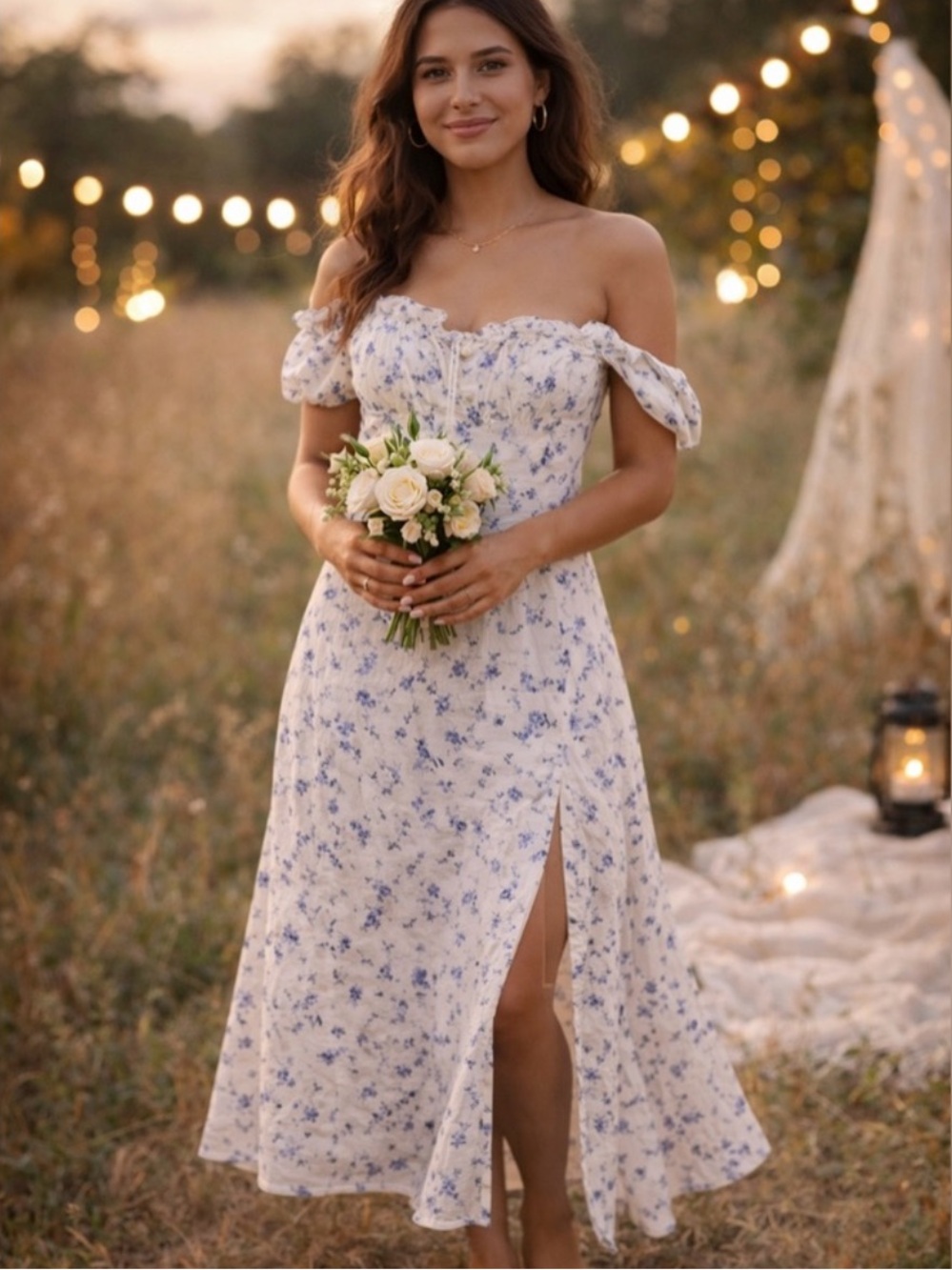 Miss Circle Blue Floral Off-Shoulder Midi Dress